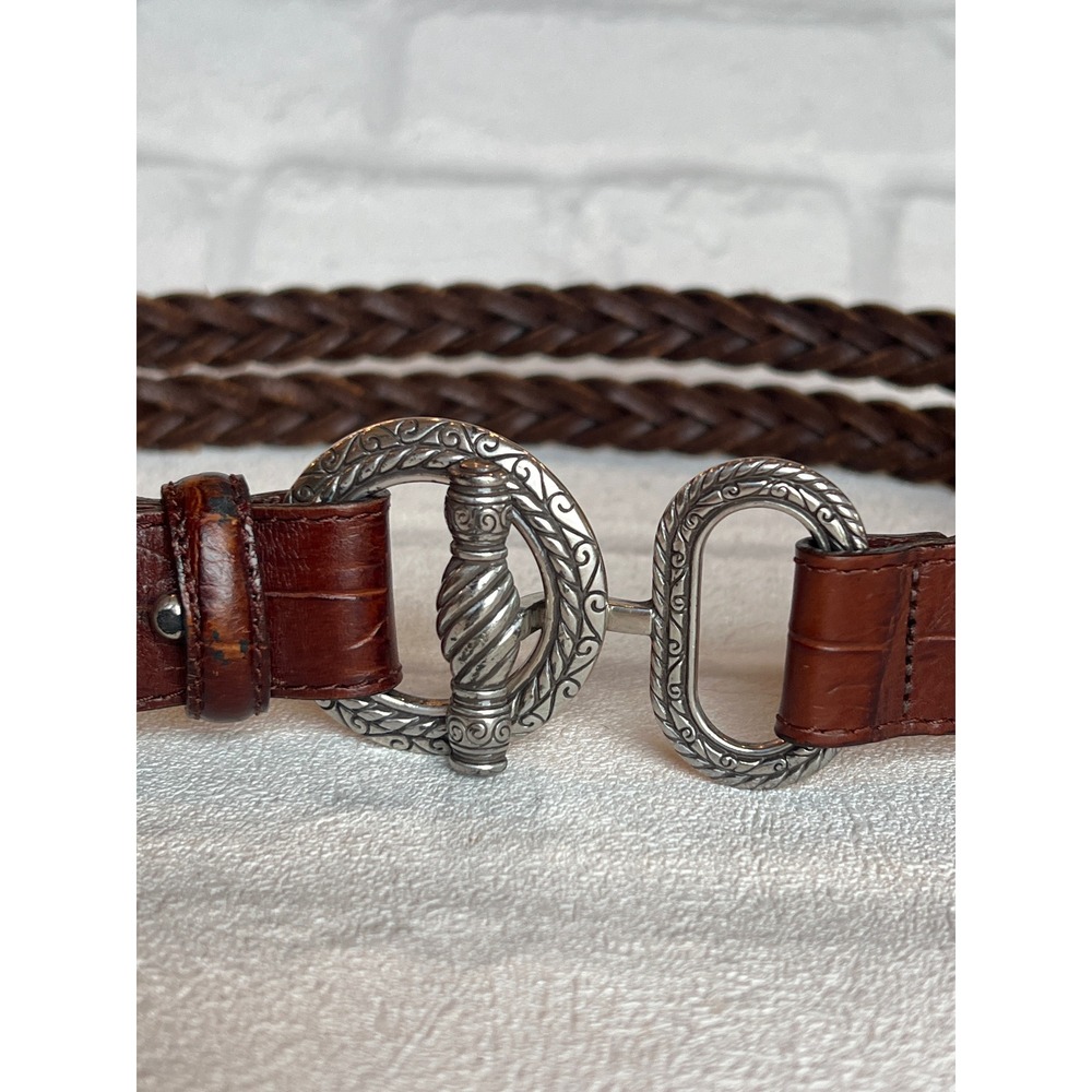 Brighton Brown Braided Leather Belt Croc Embossed Silver Toggle Buckle Size M